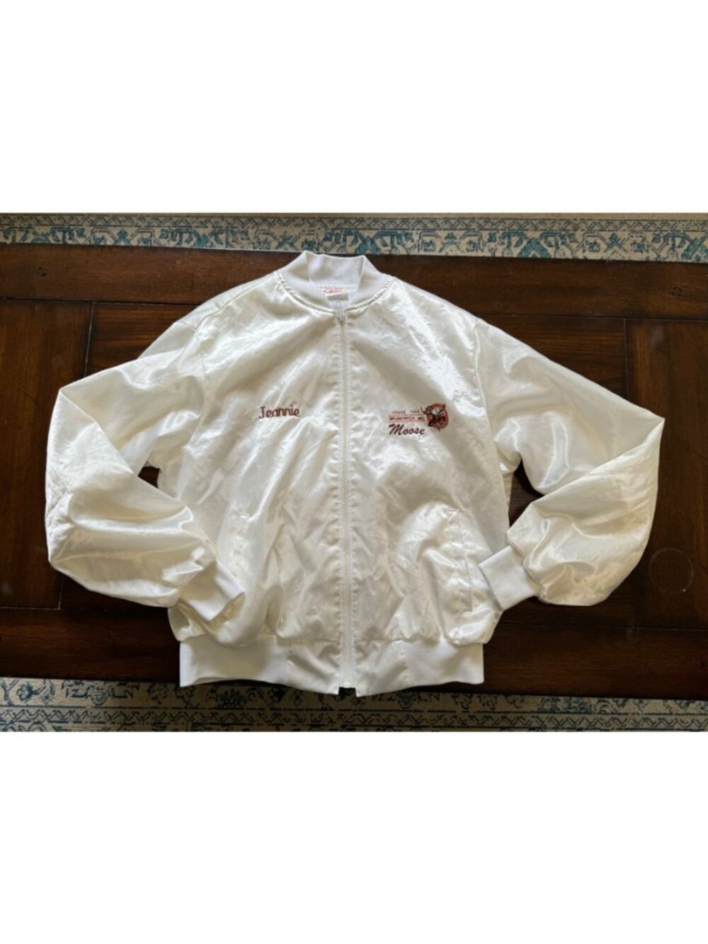 Vintage White Satin Moose Lodge Varsity Jacket Jeannie Embroidery Full Zip Large - Picture 2 of 12